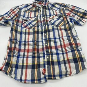 Ditch Plains-Mens Short Sleeve Western Pearl Snap Shirt-Medium-Red/Blue Plaid
